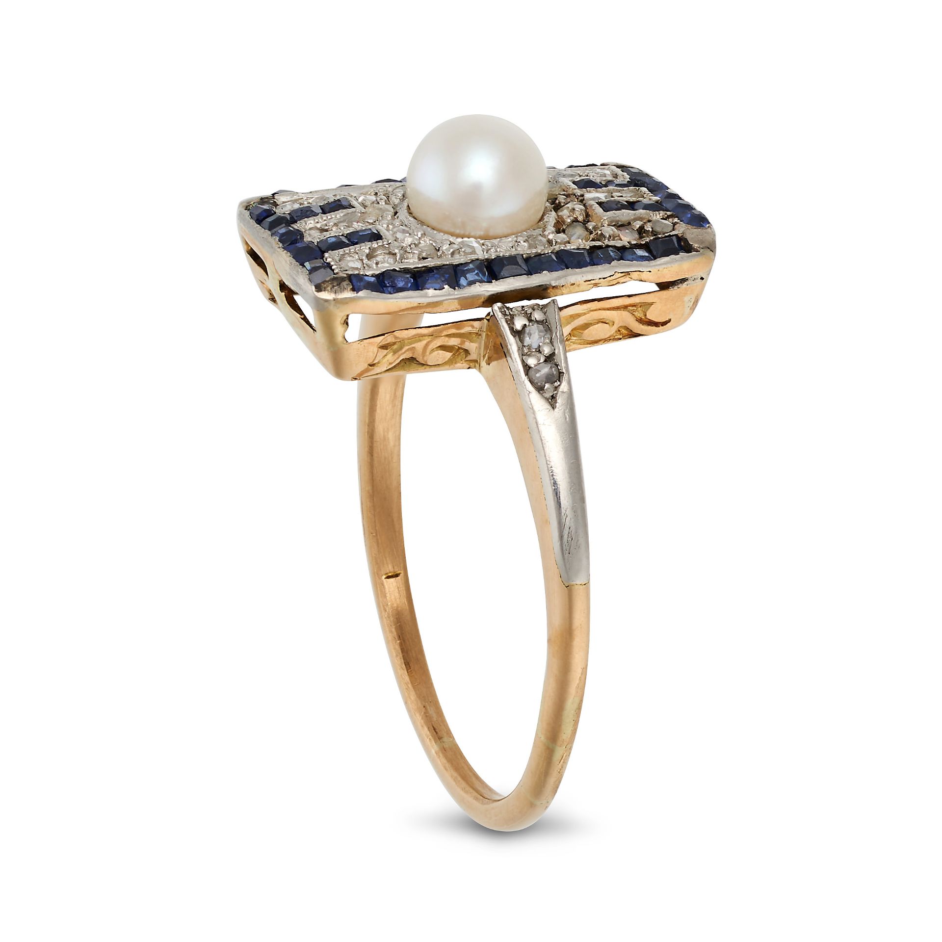 AN ANTIQUE PEARL, SAPPHIRE AND DIAMOND DRESS RING in 18ct yellow gold, the rectangular face set w... - Image 2 of 2