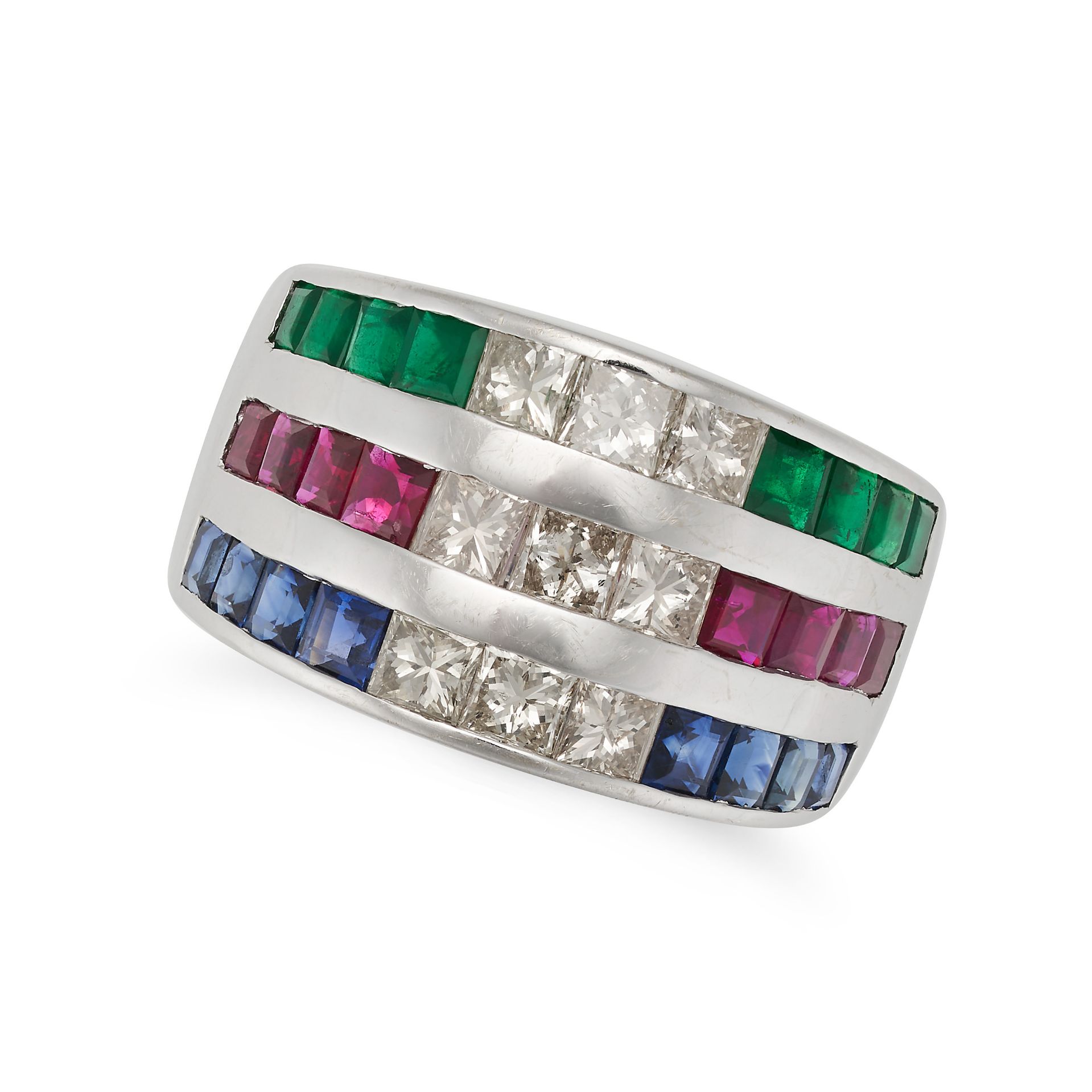 A DIAMOND, RUBY, SAPPHIRE AND EMERALD DRESS RING in 18ct white gold, set with trios of princess c...