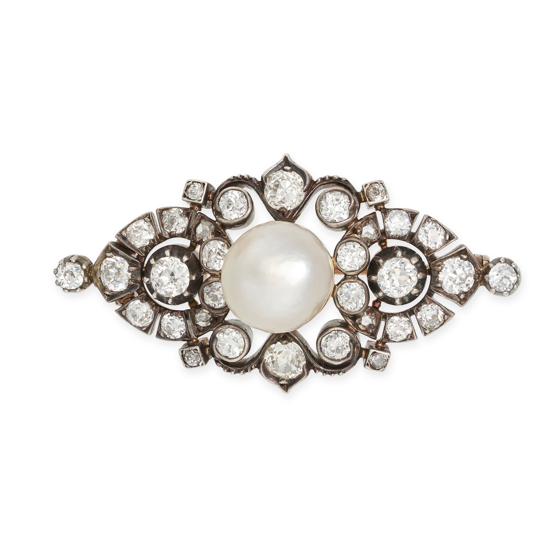 AN ANTIQUE NATURAL SALTWATER PEARL AND DIAMOND BROOCH in yellow gold and silver, the openwork bro...