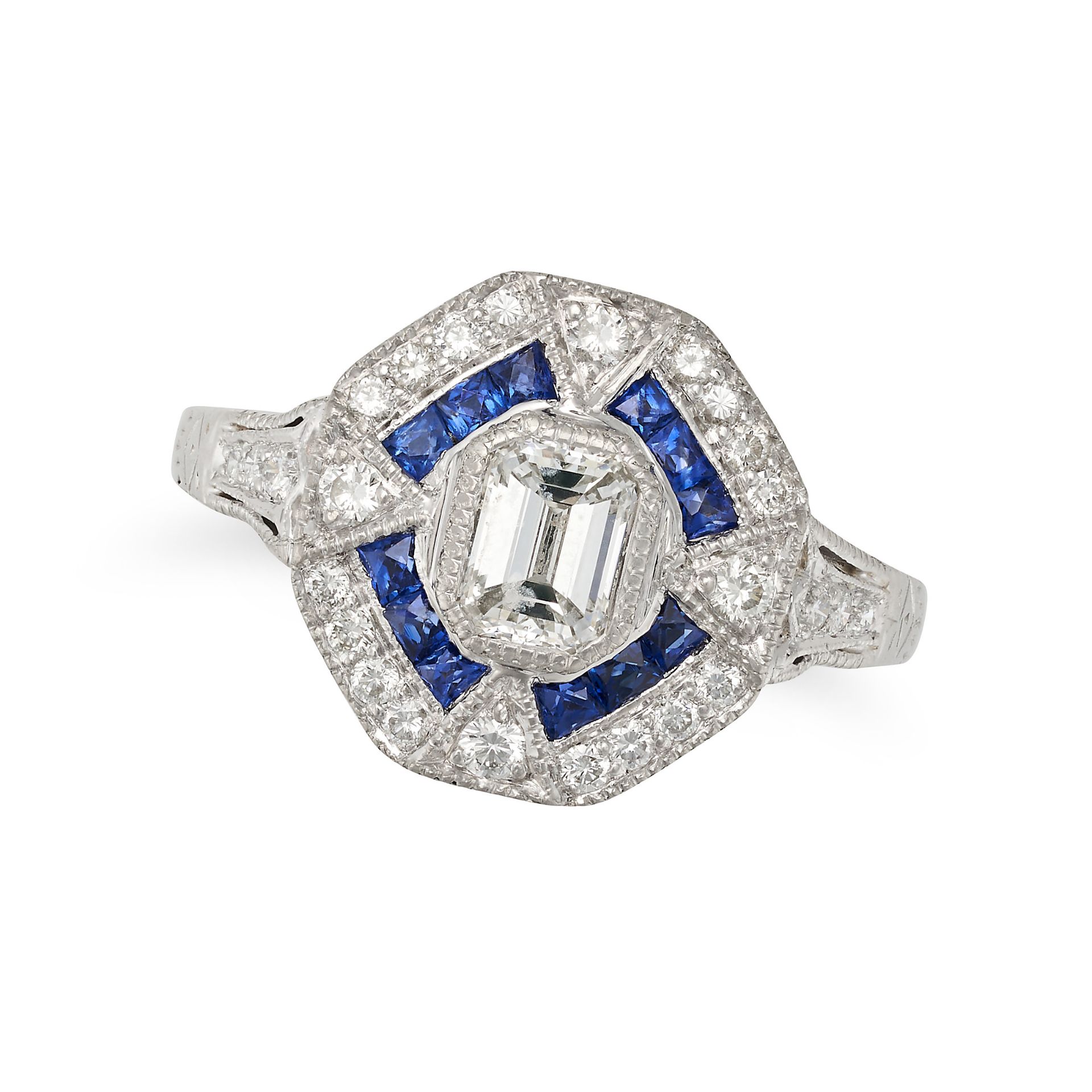 A SAPPHIRE AND DIAMOND DRESS RING in platinum, set with an emerald cut diamond of approximately 0...