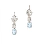 A PAIR OF AQUAMARINE AND DIAMOND EARRINGS in white gold and platinum, comprising a row of links s...