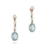 A PAIR OF AQUAMARINE AND PEARL DROP EARRINGS in yellow gold, each set with three pearls suspendin...