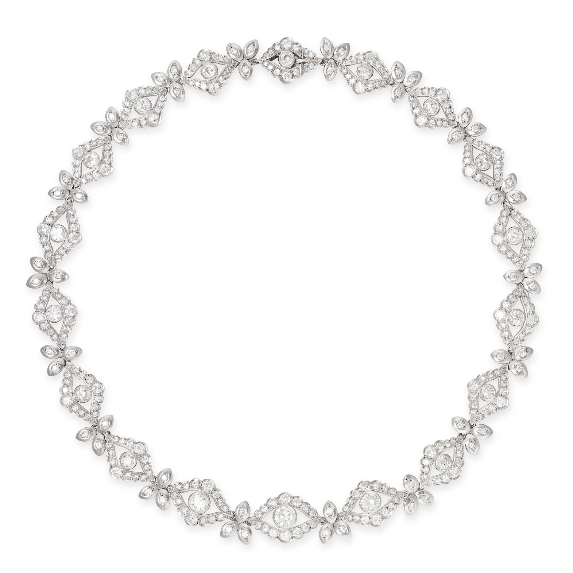 A DIAMOND NECKLACE in white gold, comprising a row of alternating foliate and openwork links, set...