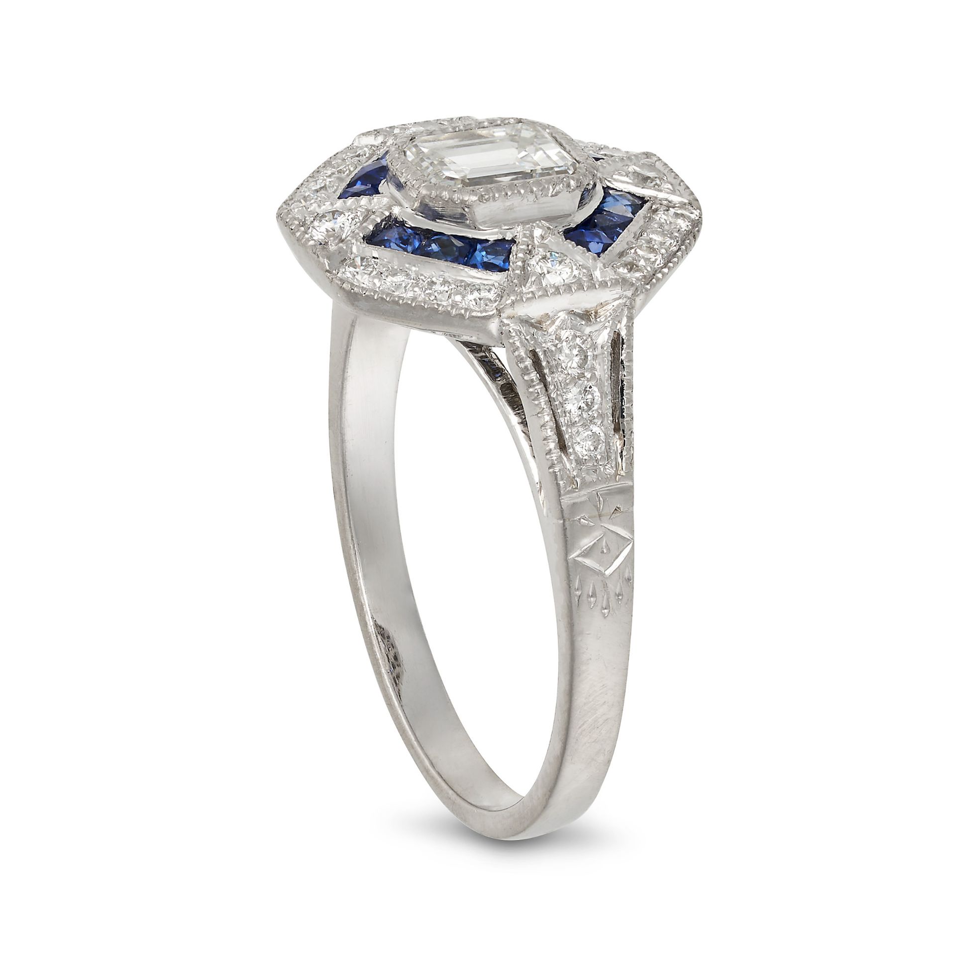 A SAPPHIRE AND DIAMOND DRESS RING in platinum, set with an emerald cut diamond of approximately 0... - Image 2 of 2