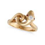 A RUBY AND DIAMOND SNAKE RING in 18ct yellow gold, designed as a coiled snake, the head set with ...