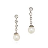 A PAIR OF DIAMOND AND PEARL DROP EARRINGS set with a row of old cut diamonds suspending a pearl d...