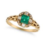 AN ANTIQUE EMERALD, DIAMOND AND ENAMEL RING in 18ct yellow gold, set with an octagonal step cut e...