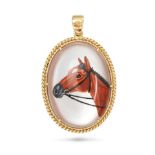 AN ESSEX CRYSTAL REVERSE INTAGLIO HORSE PENDANT in 14ct yellow gold, set with an oval reverse car...