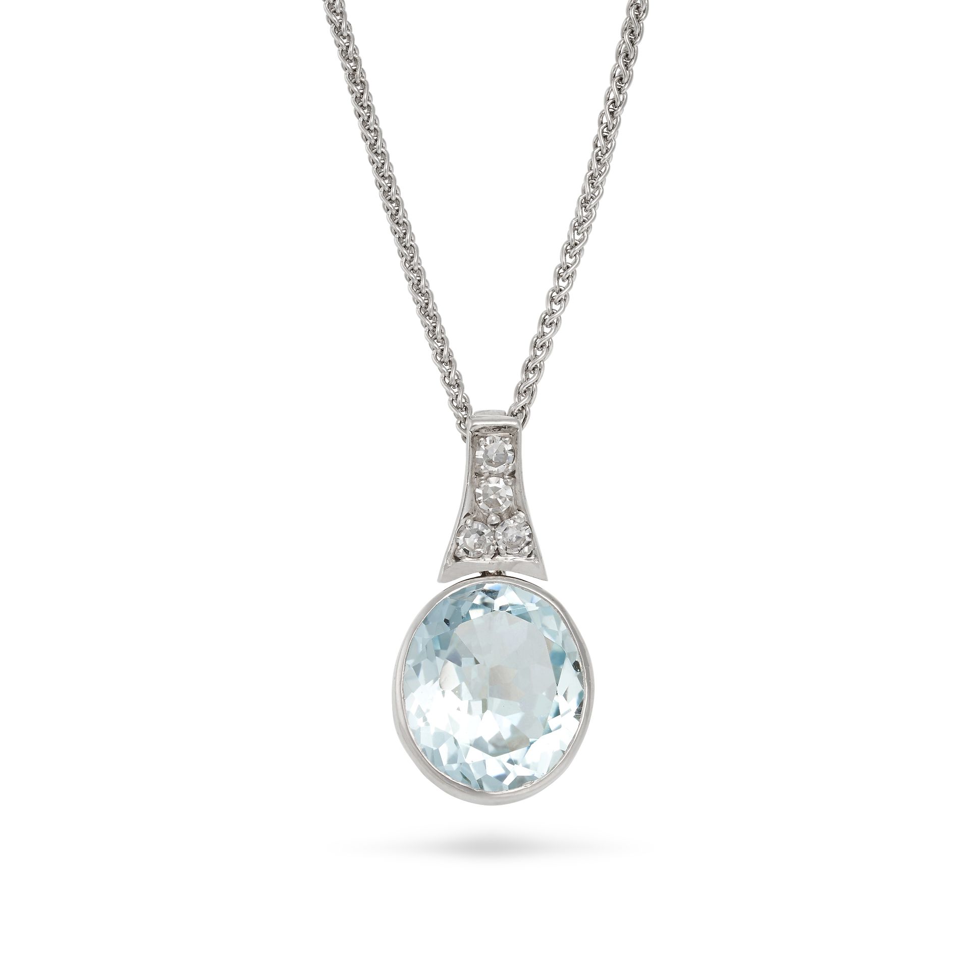 AN AQUAMARINE AND DIAMOND PENDANT NECKLACE in 18ct white gold, the pendant set with an oval cut a...