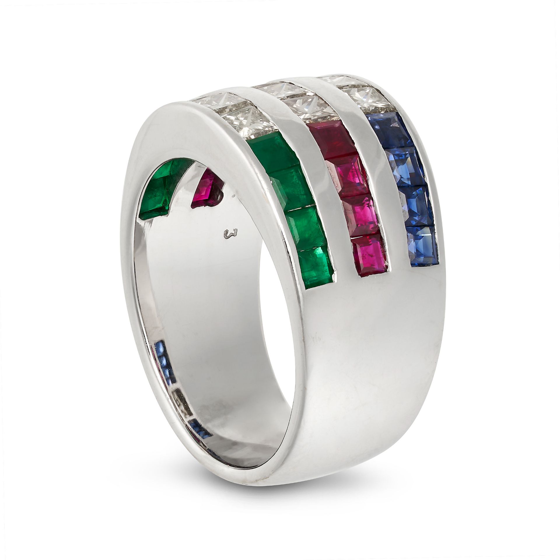 A DIAMOND, RUBY, SAPPHIRE AND EMERALD DRESS RING in 18ct white gold, set with trios of princess c... - Bild 2 aus 2