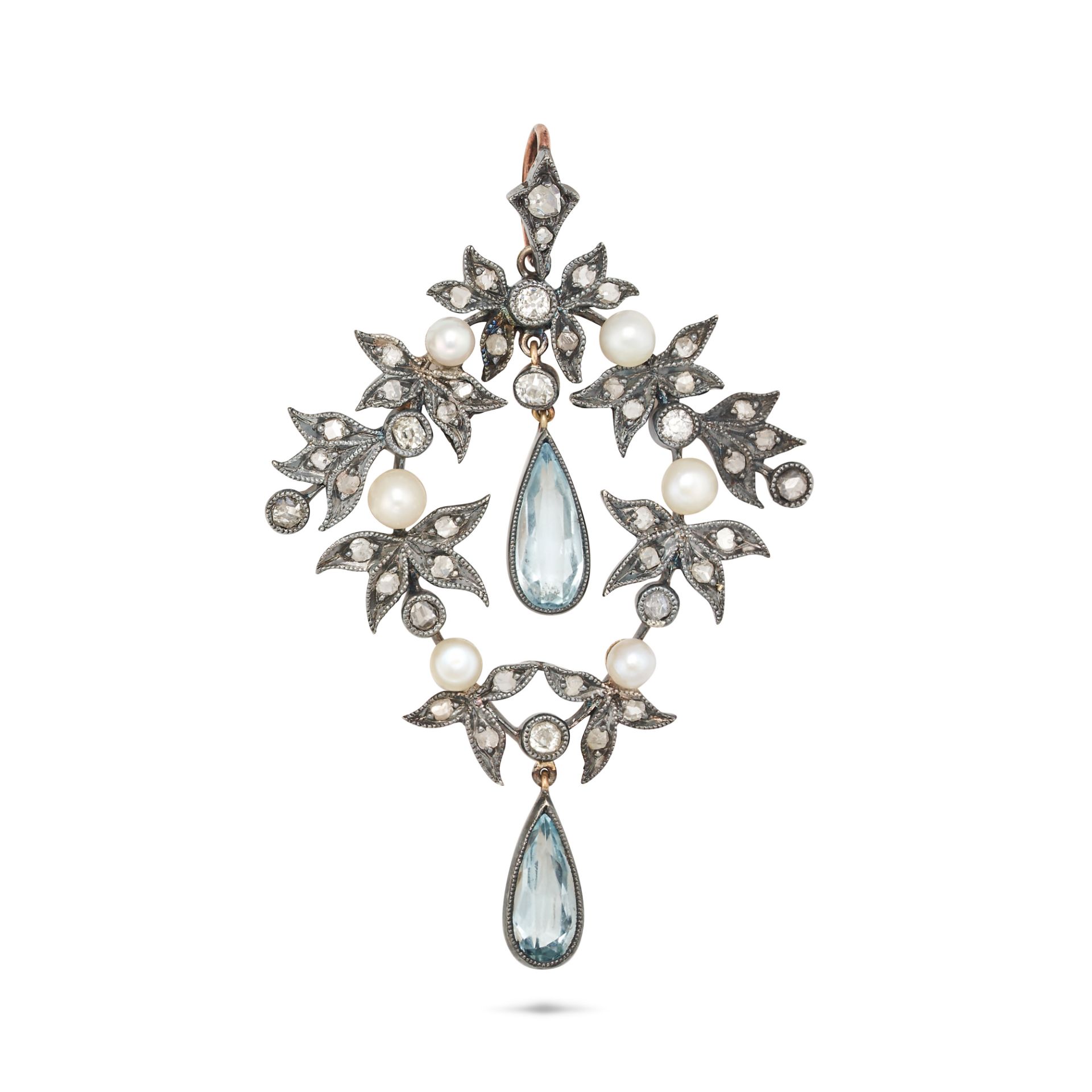 AN ANTIQUE AQUAMARINE, DIAMOND AND PEARL PENDANT in rose gold and silver, designed as a wreath se...