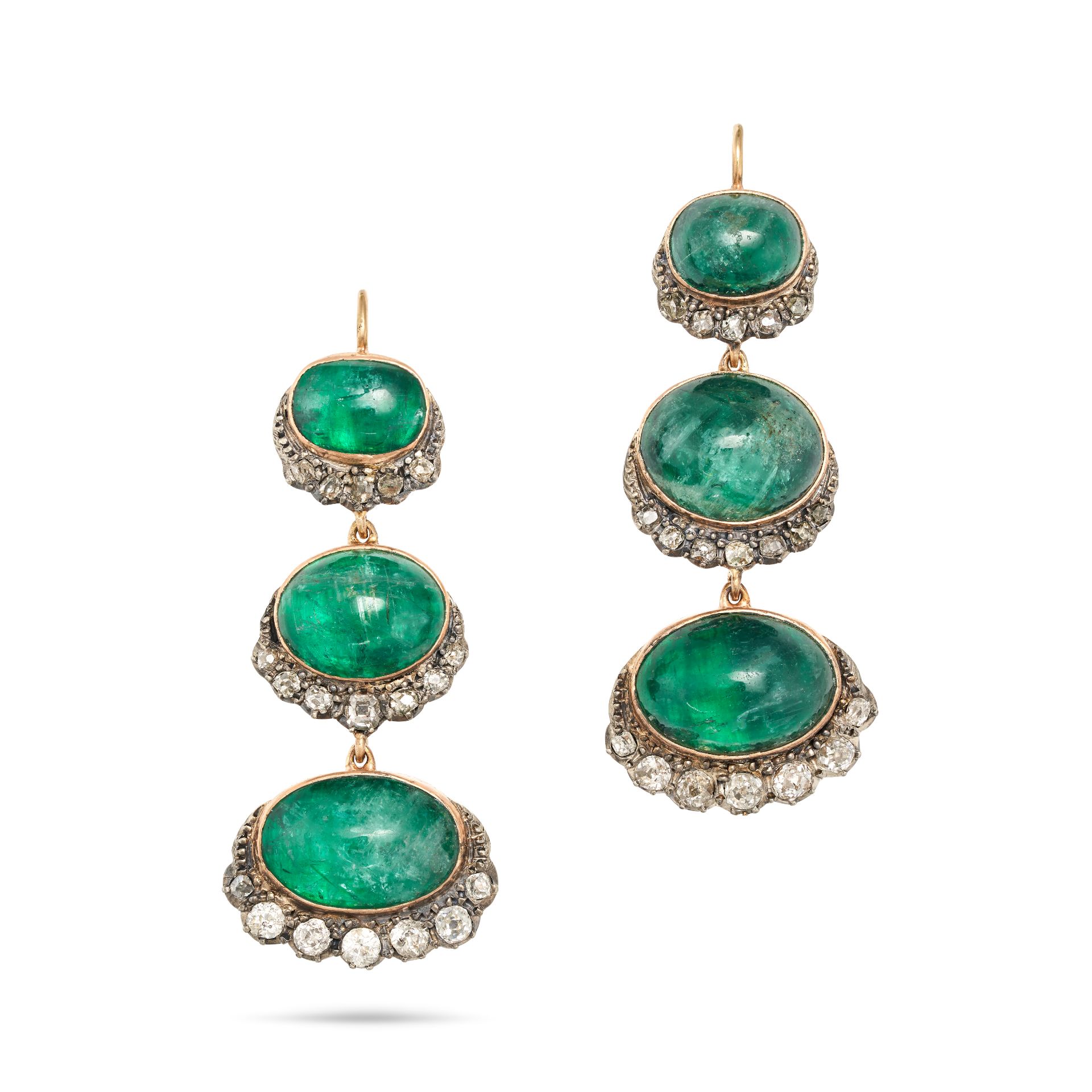 A PAIR OF ANTIQUE EMERALD AND DIAMOND DROP EARRINGS in yellow gold and silver, designed as three ...
