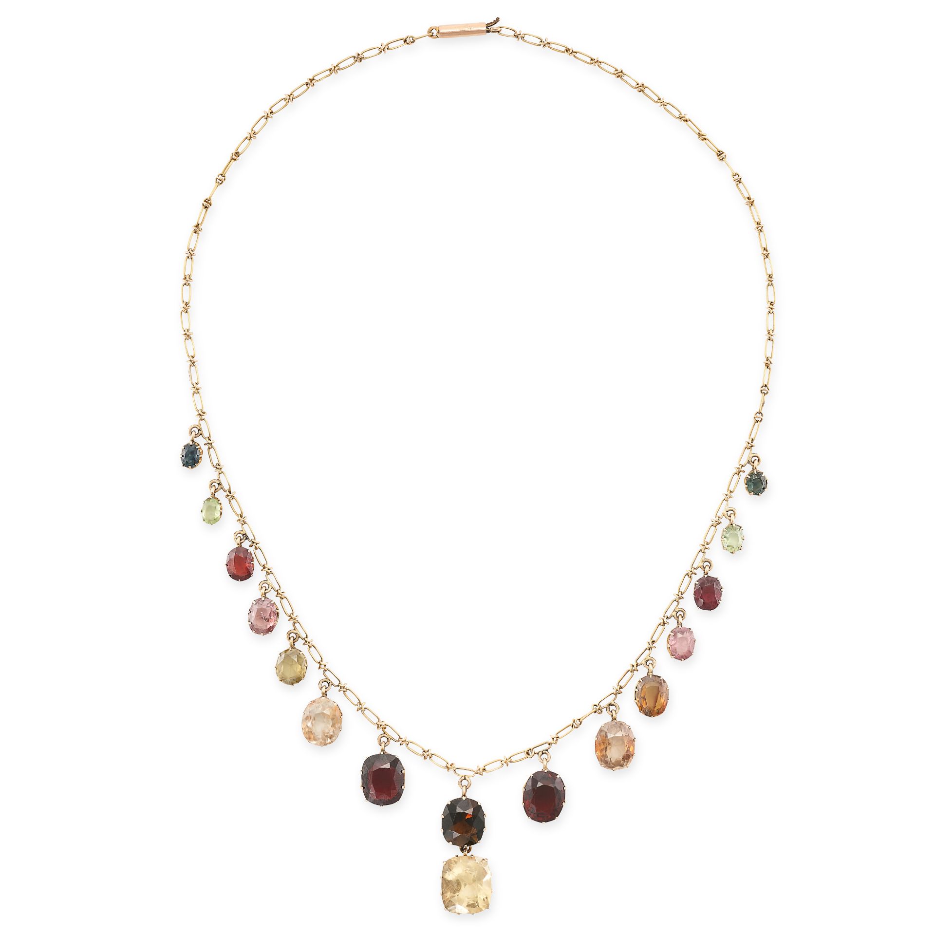 AN ANTIQUE GEMSET HARLQEUIN NECKLACE in yellow gold, the chain suspending a fringe of sixteen gra...