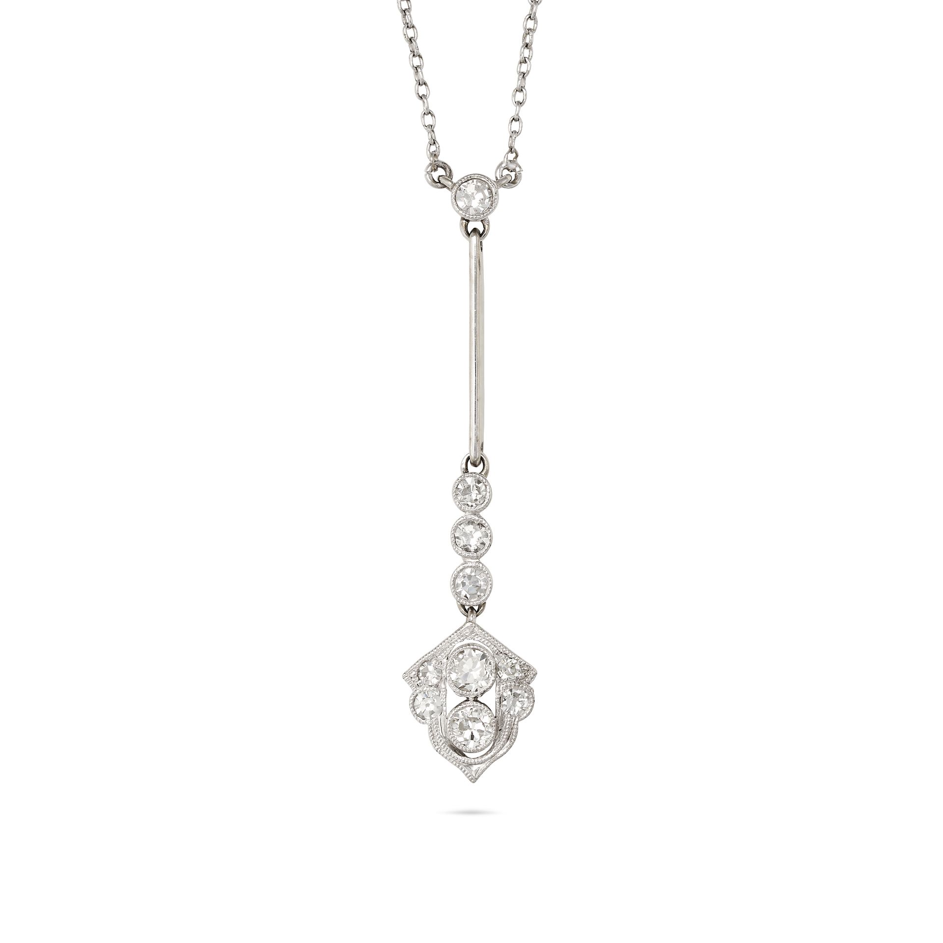 A DIAMOND PENDANT NECKLACE in platinum and 18ct white gold, the pendant set with old and single c...