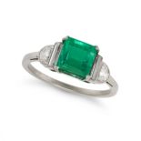 AN EMERALD AND DIAMOND RING in platinum, set with an octagonal step cut emerald of approximately ...