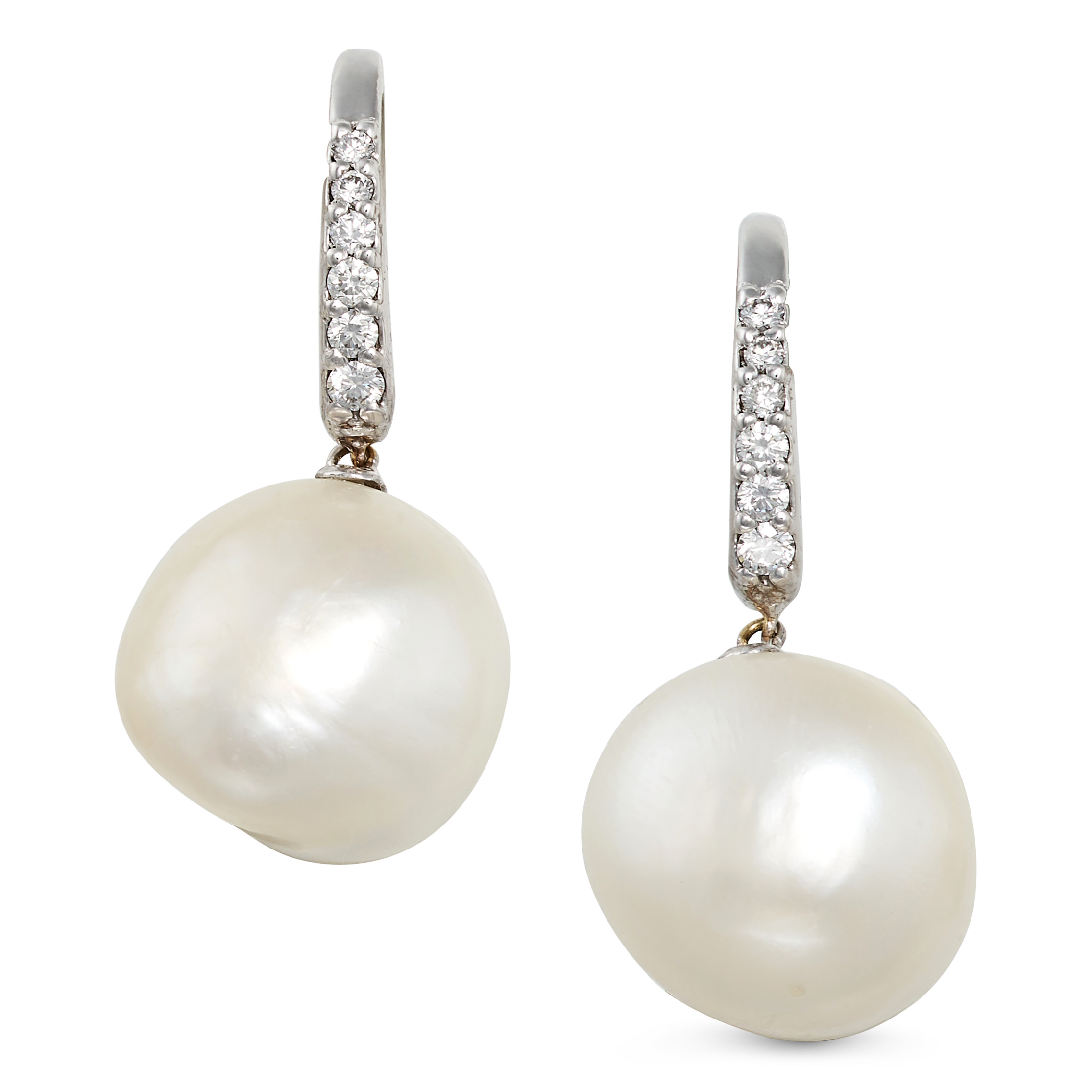 A PAIR OF PEARL AND DIAMOND DROP EARRINGS in 18ct white gold, each set with a row of round brilli...