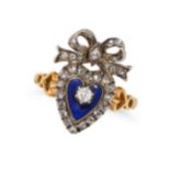 A DIAMOND AND ENAMEL SWEETHEART RING in yellow gold and silver, designed as a heart surmounted by...