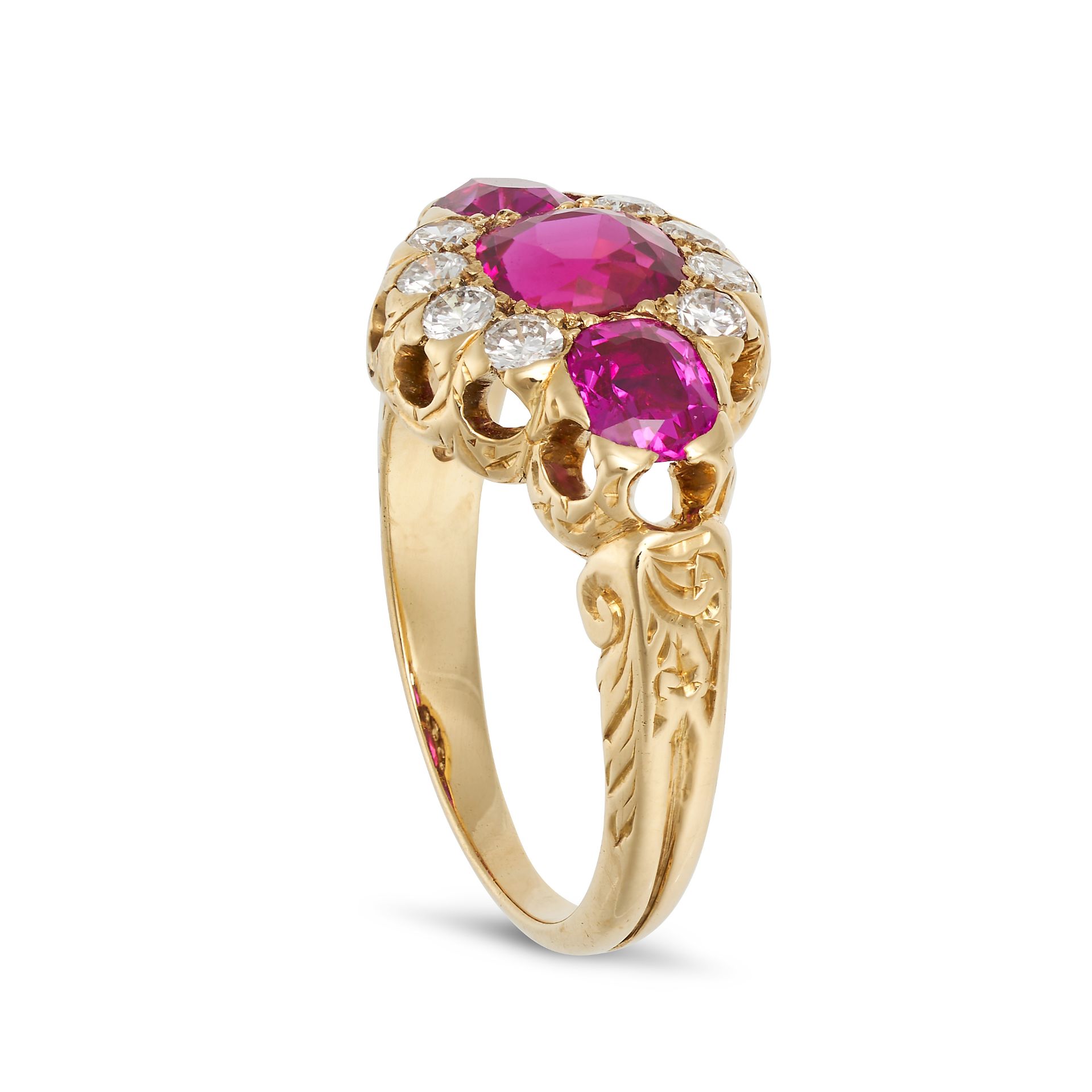 A VINTAGE BURMA NO HEAT RUBY AND DIAMOND RING in 18ct yellow gold, set with three cushion cut rub... - Image 2 of 2