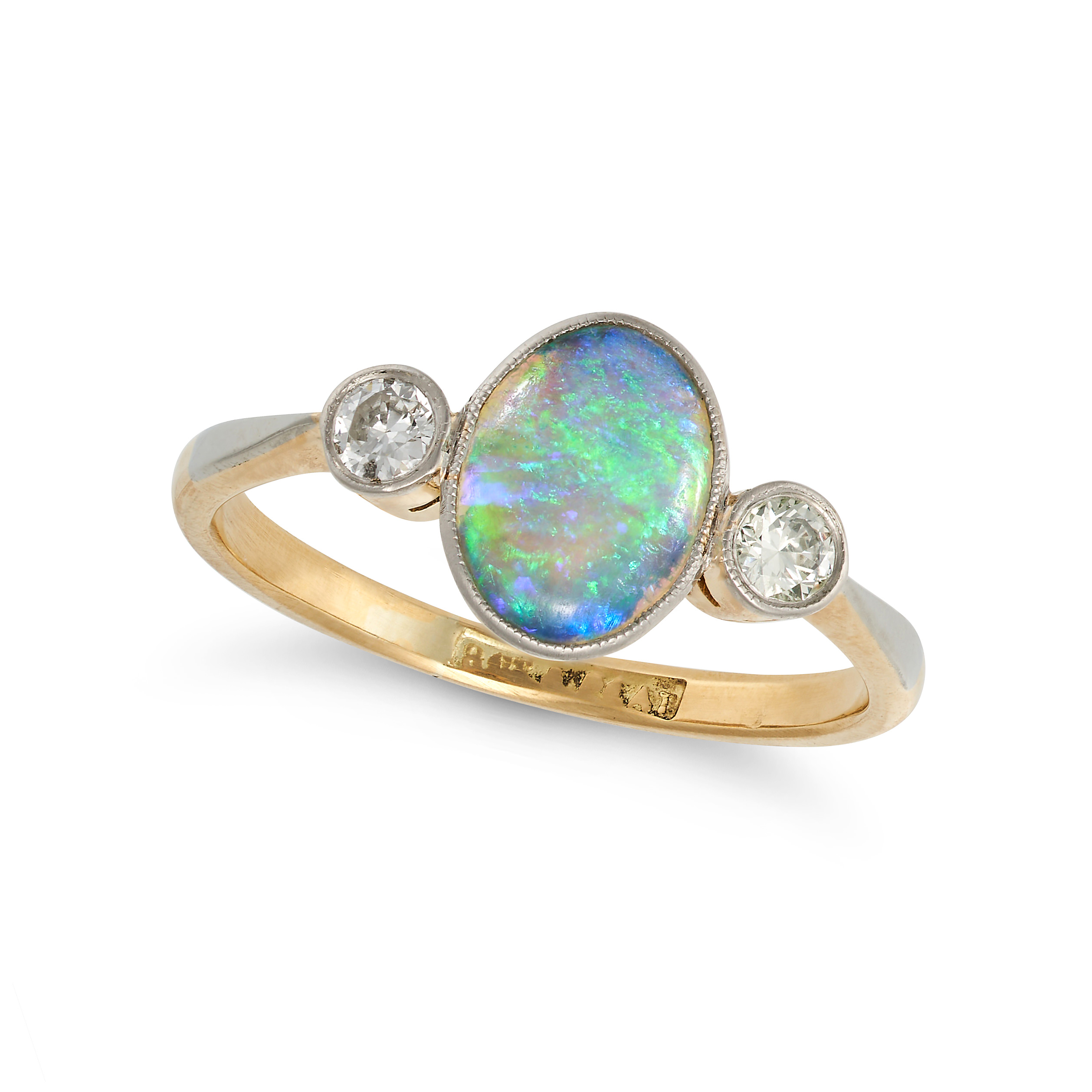 AN OPAL AND DIAMOND RING in 18ct yellow gold and platinum, set with an oval cabochon opal accente...