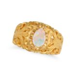 AN OPAL DRESS RING in yellow gold, set with a pear shaped cabochon opal on an openwork band, no a...