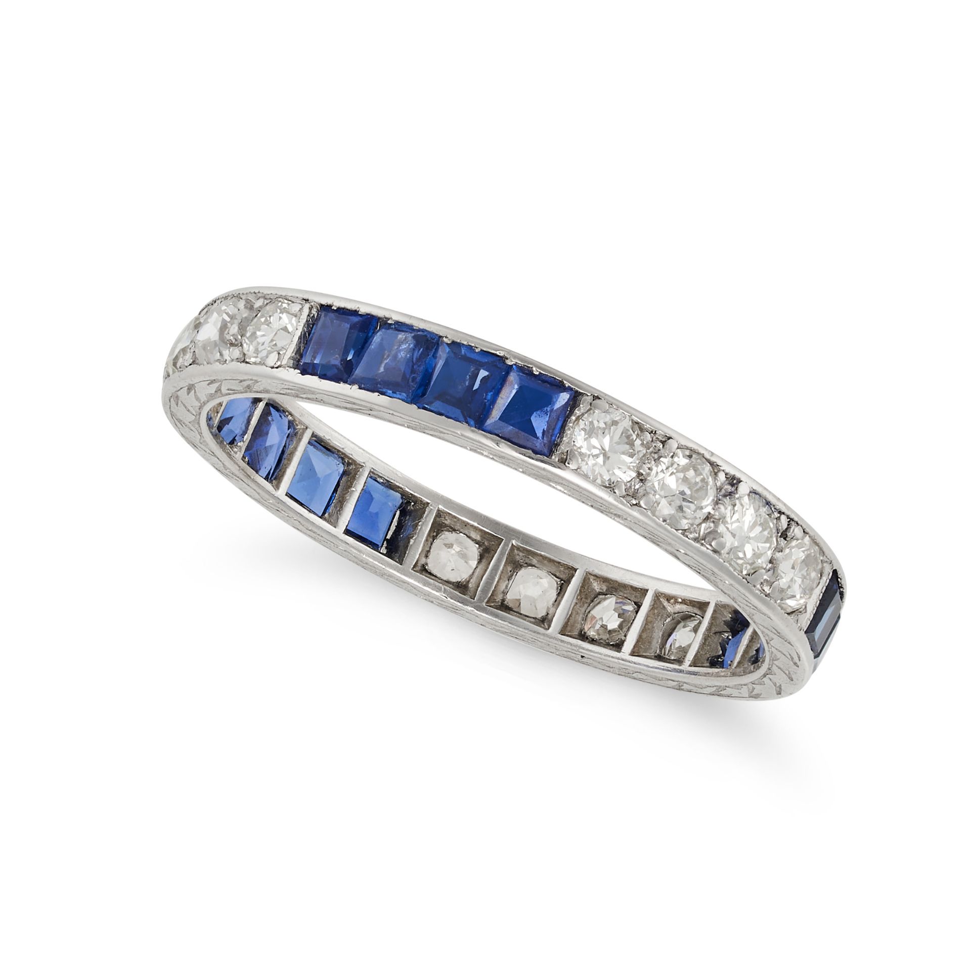 A SAPPHIRE AND DIAMOND FULL ETERNITY RING in platinum, set all around with groups of square step ...