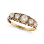 AN ANTIQUE PEARL AND DIAMOND RING in 18ct yellow gold, set with a row of five graduated half pear...