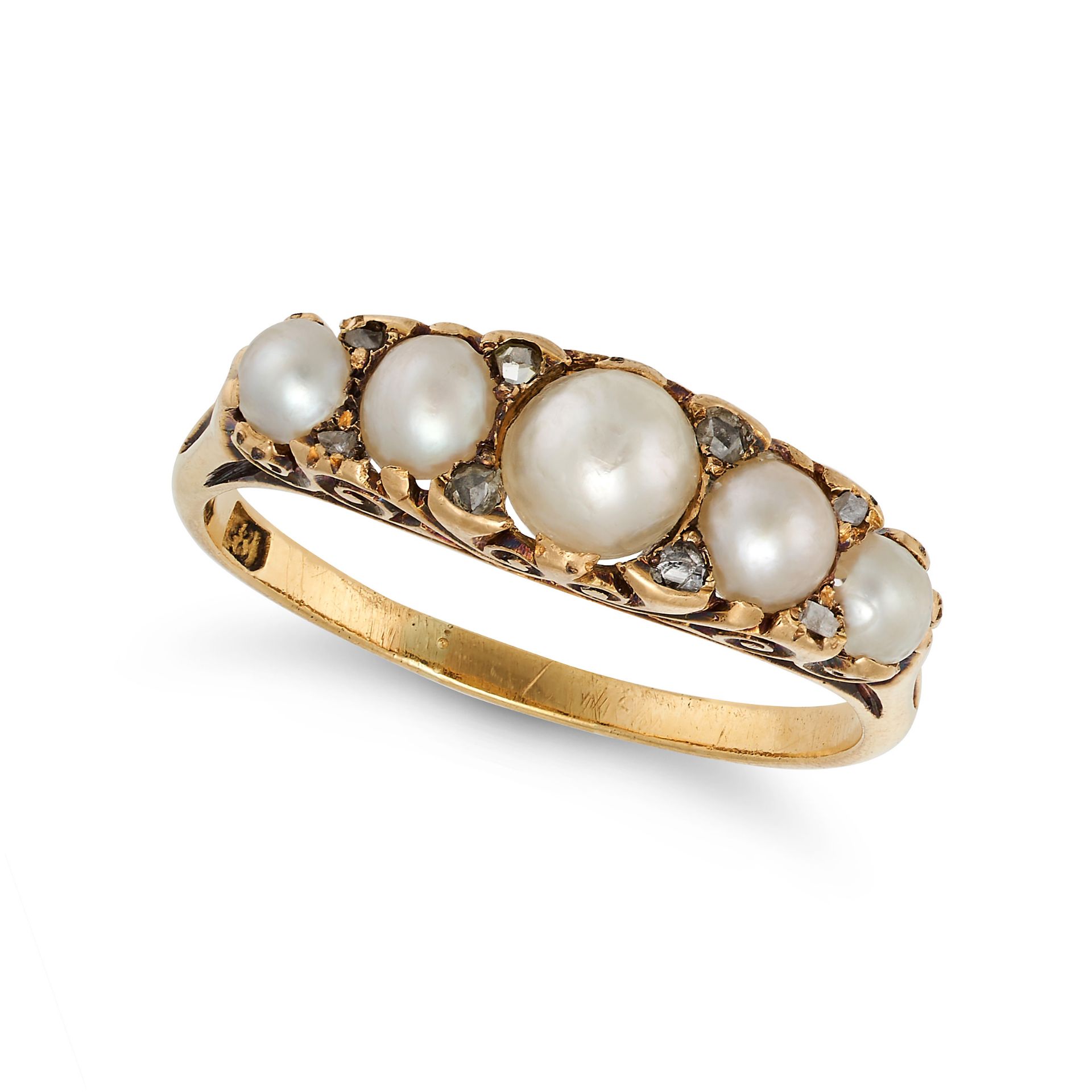 AN ANTIQUE PEARL AND DIAMOND RING in 18ct yellow gold, set with a row of five graduated half pear...