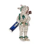 A DIAMOND AND ENAMEL NOVELTY BROOCH designed as a rabbit dressed for golf, set throughout with si...