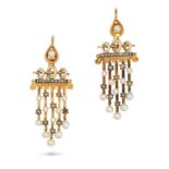 A PAIR OF ANTIQUE DIAMOND AND PEARL DROP EARRINGS in yellow gold, each set with a pearl suspendin...