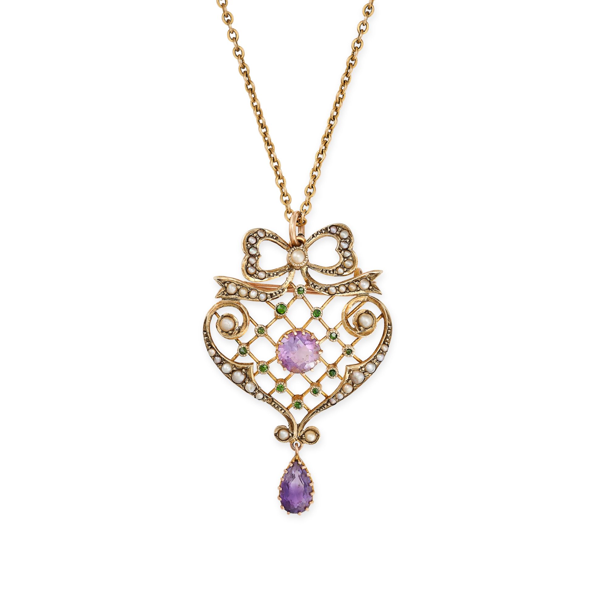 AN ANTIQUE AMETHYST, PEARL AND GREEN GARNET PENDANT NECKLACE in yellow gold, the openwork pendant...