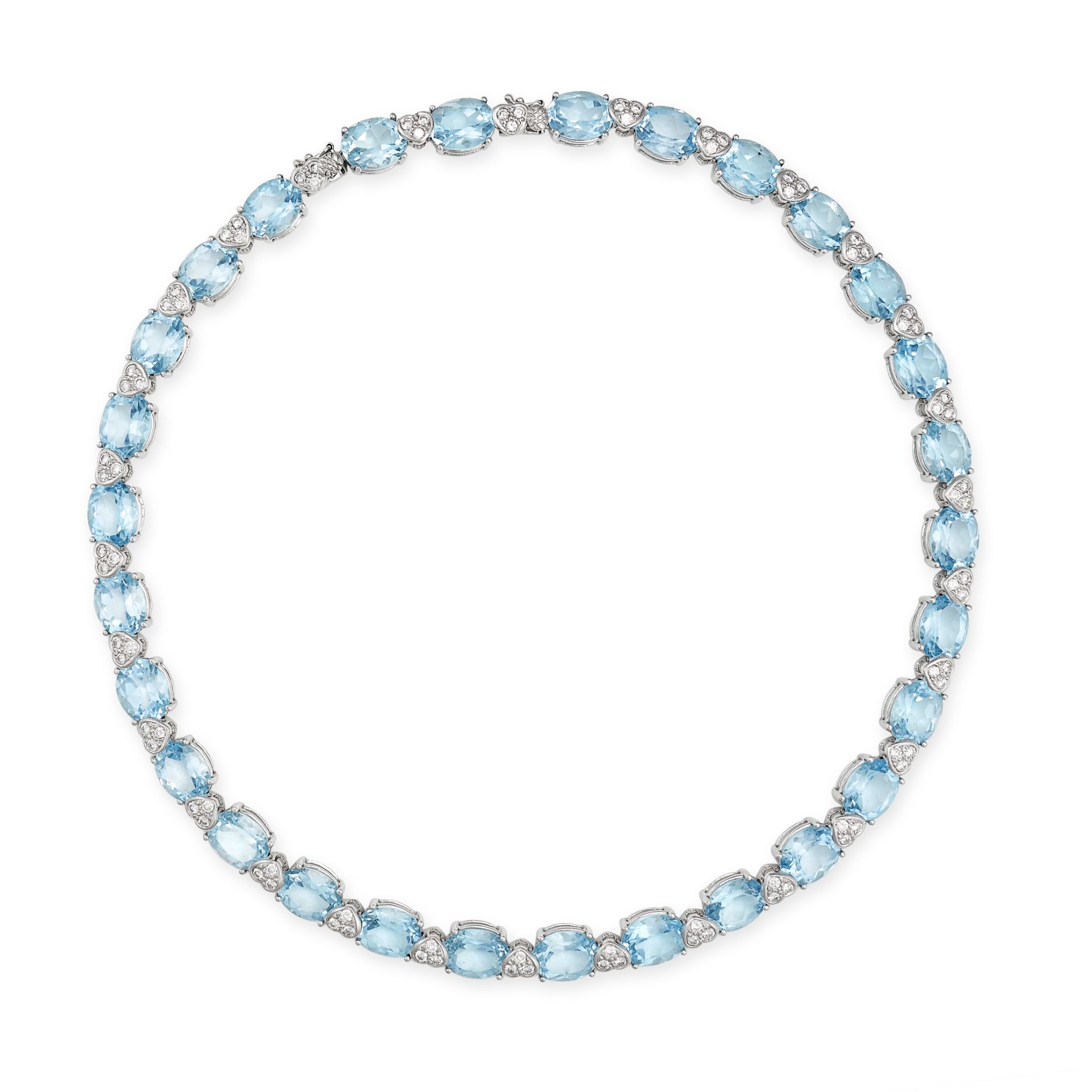 A BLUE TOPAZ AND DIAMOND RIVIERE NECKLACE in 18ct white gold, set with a row of oval cut blue top...