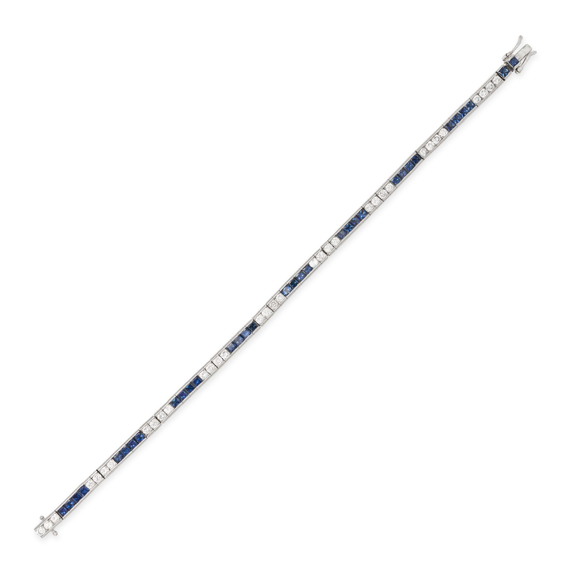 A SAPPHIRE AND DIAMOND LINE BRACELET in 18ct white gold and platinum, set with groups of square s...