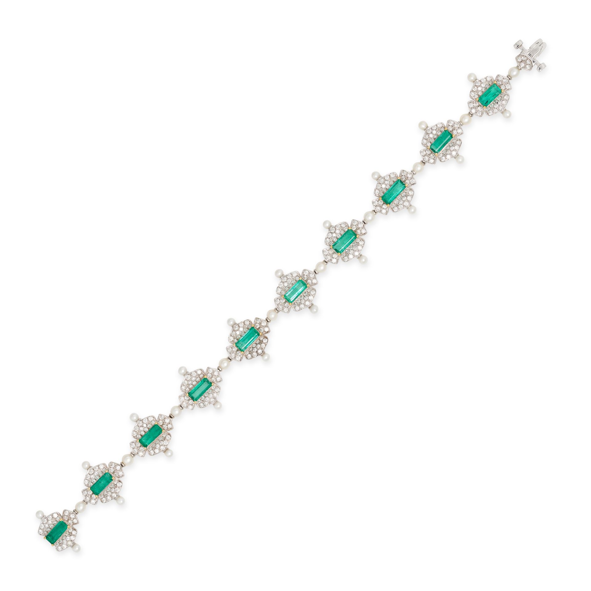 A COLOMBIAN EMERALD, DIAMOND AND PEARL BRACELET in 18ct white gold, set with ten rectangular step...