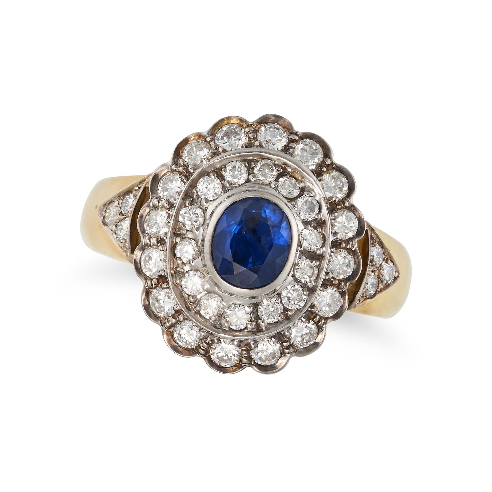 A SAPPHIRE AND DIAMOND CLUSTER RING in 18ct yellow gold, set with an oval cut sapphire of approxi...
