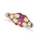 AN ANTIQUE RUBY AND PEARL RING in yellow gold, set with cushion and round cut rubies and pearls, ...