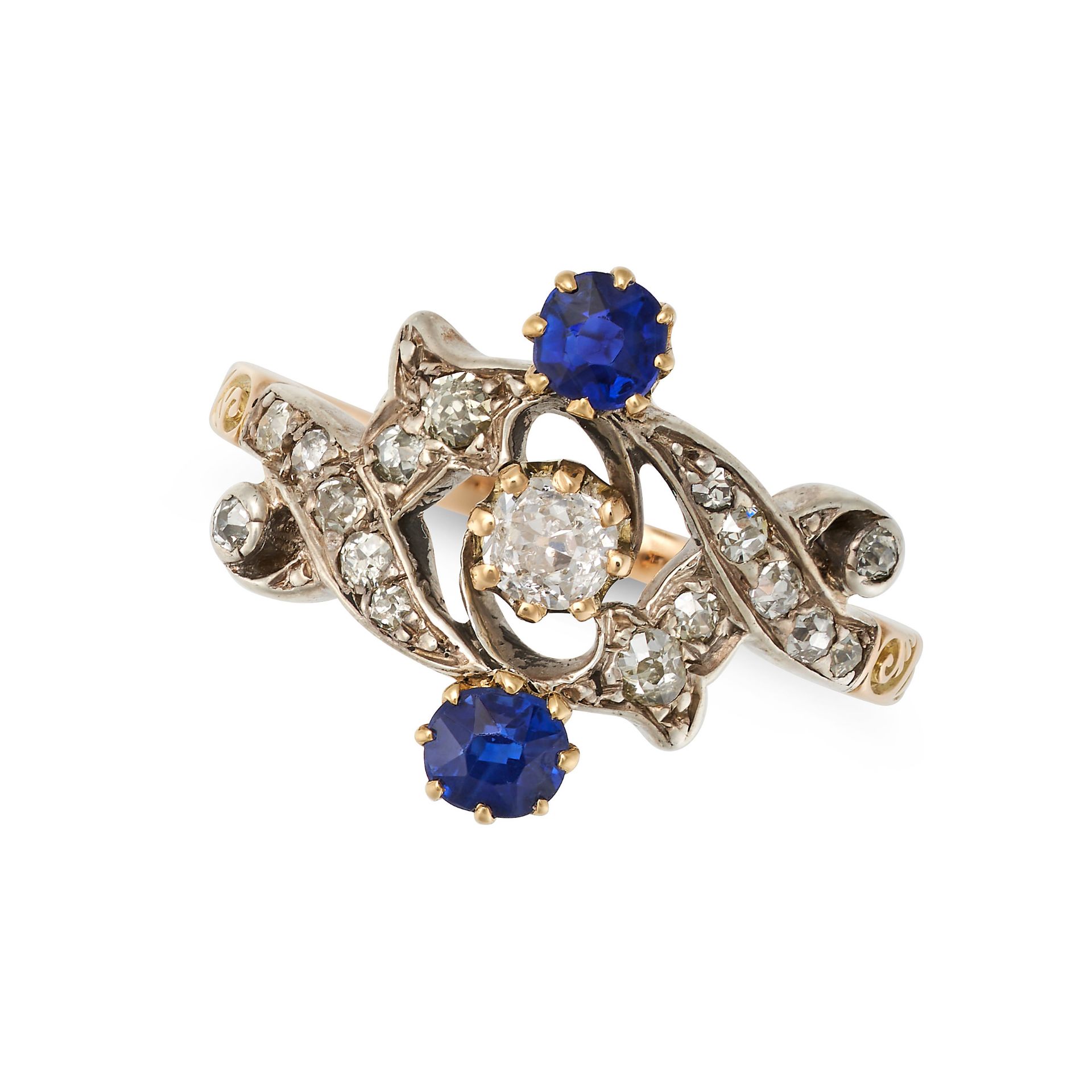 AN ANTIQUE SAPPHIRE AND DIAMOND DRESS RING in 18ct yellow gold, in scrolling design, set with an ...