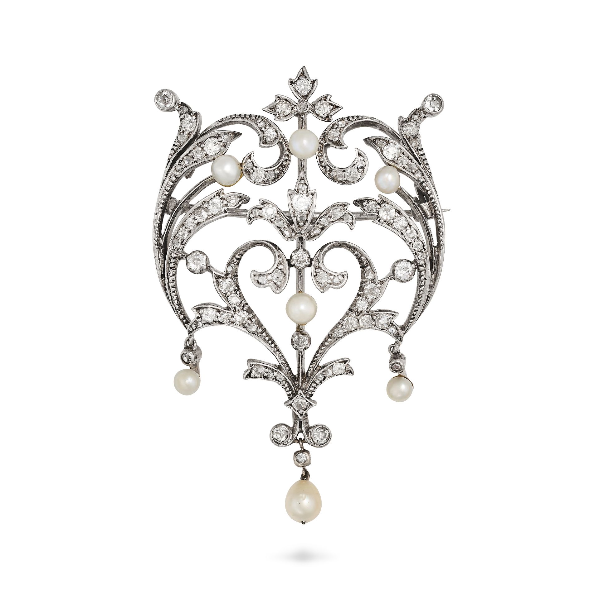 AN ANTIQUE EDWARDIAN DIAMOND AND PEARL BROOCH / PENDANT rhodium plated, in openwork scrolling des...