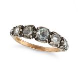 AN ANTIQUE FIVE STONE DIAMOND RING in yellow gold and silver, set with a row of rose cut diamonds...