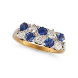 A SAPPHIRE AND DIAMOND CHECKERBOARD RING in 18ct yellow gold, set with two rows of alternating ro...