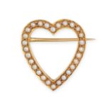 AN ANTIQUE EDWARDIAN PEARL HEART BROOCH in yellow gold, the brooch designed as an openwork heart ...
