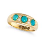 AN ANTIQUE TURQUOISE AND DIAMOND RING in 18ct yellow gold, set with three round cabochon turquois...