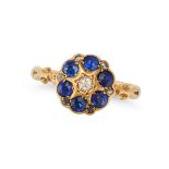 AN ANTIQUE SAPPHIRE AND DIAMOND CLUSTER RING in 18ct yellow gold, set with an old cut diamond in ...