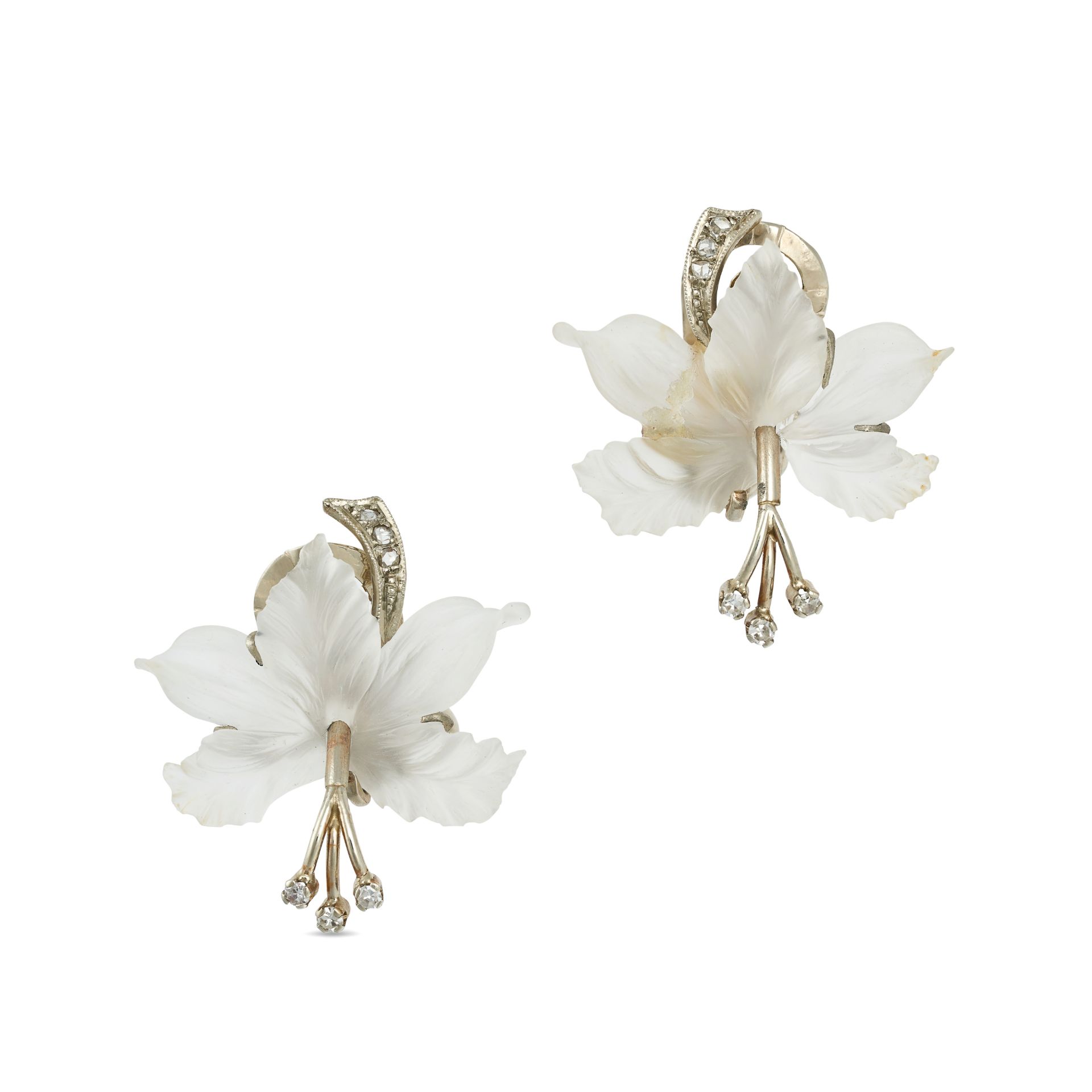 A PAIR OF CARVED ROCK CRYSTAL AND DIAMOND FLOWER EARRINGS in 14ct white gold, each designed as a ...