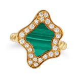 A MALACHITE AND DIAMOND RING in yellow gold, set with a piece of polished malachite in a border o...
