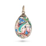 AN ANTIQUE RUSSIAN ENAMEL EASTER EGG CHARM / PENDANT in silver, in foliate design, decorated with...