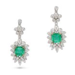 A PAIR OF EMERALD AND DIAMOND EARRINGS in 18ct white gold, comprising a row of round brilliant cu...