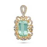 A PARAIBA TOURMALINE AND DIAMOND PENDANT in 18ct yellow gold, set with a cushion cut Paraiba tour...