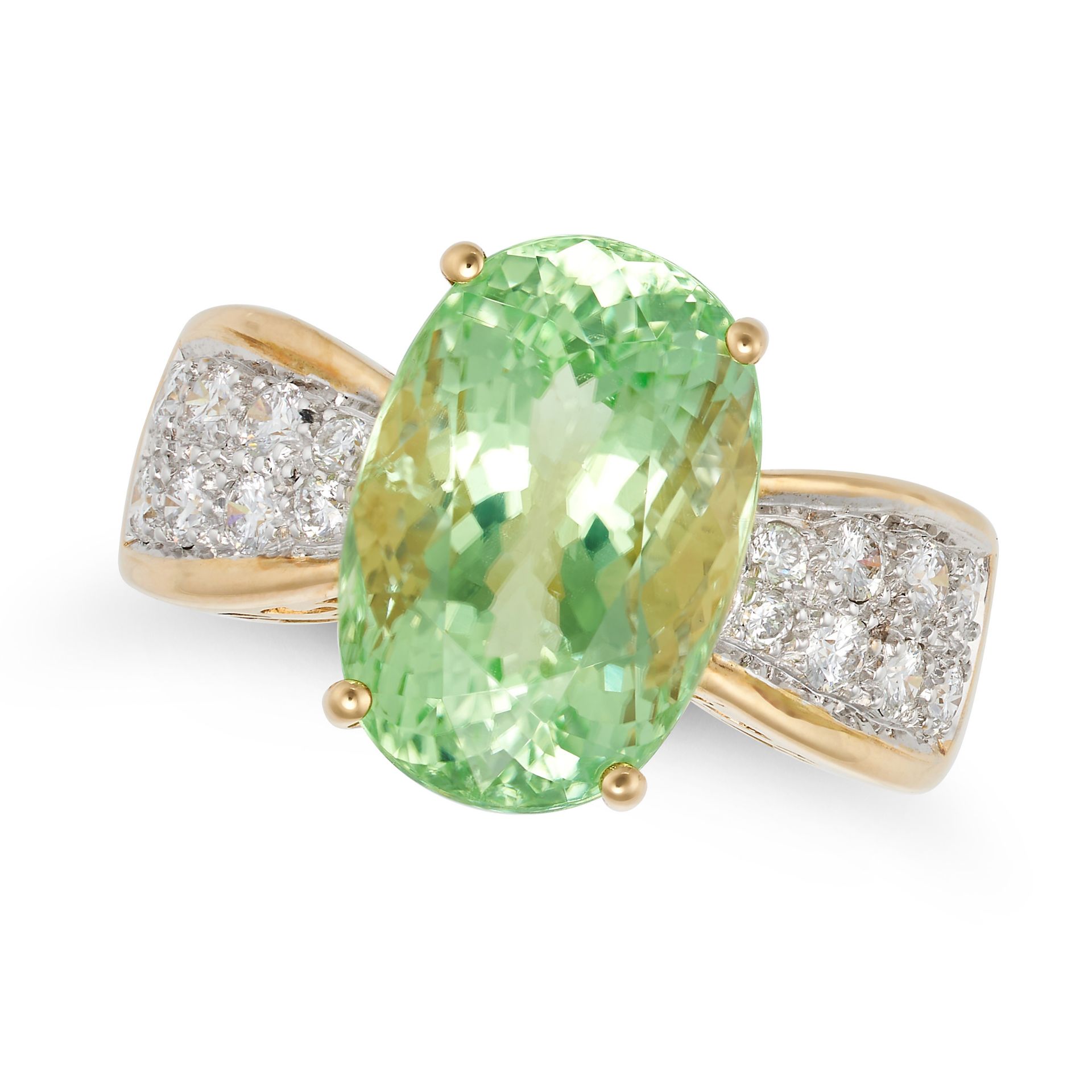 A GREEN PARAIBA TOURMALINE AND DIAMOND RING in 18ct yellow gold, set with an oval cut green Parai...