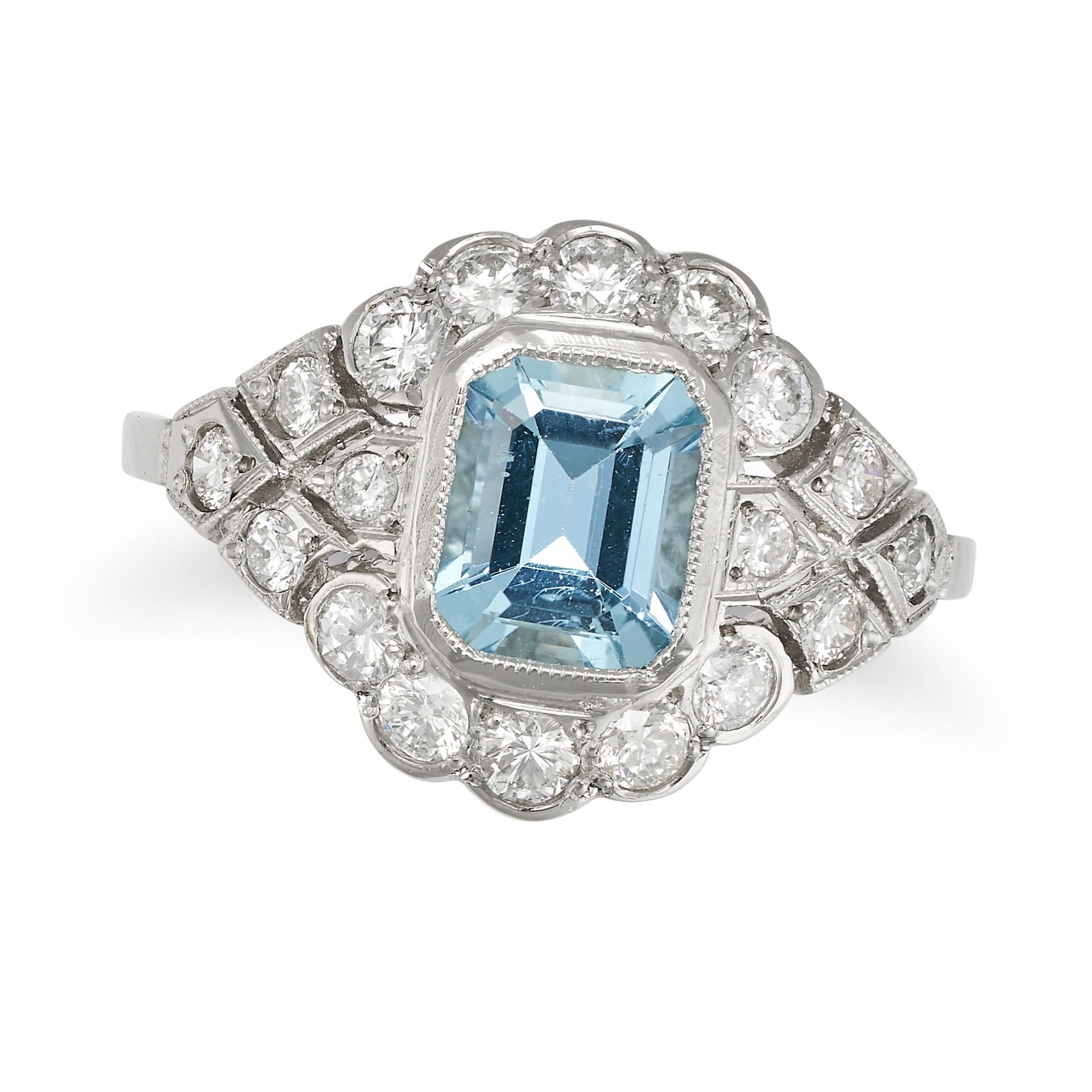 AN AQUAMARINE AND DIAMOND RING in platinum, set with an octagonal step cut aquamarine accented by...