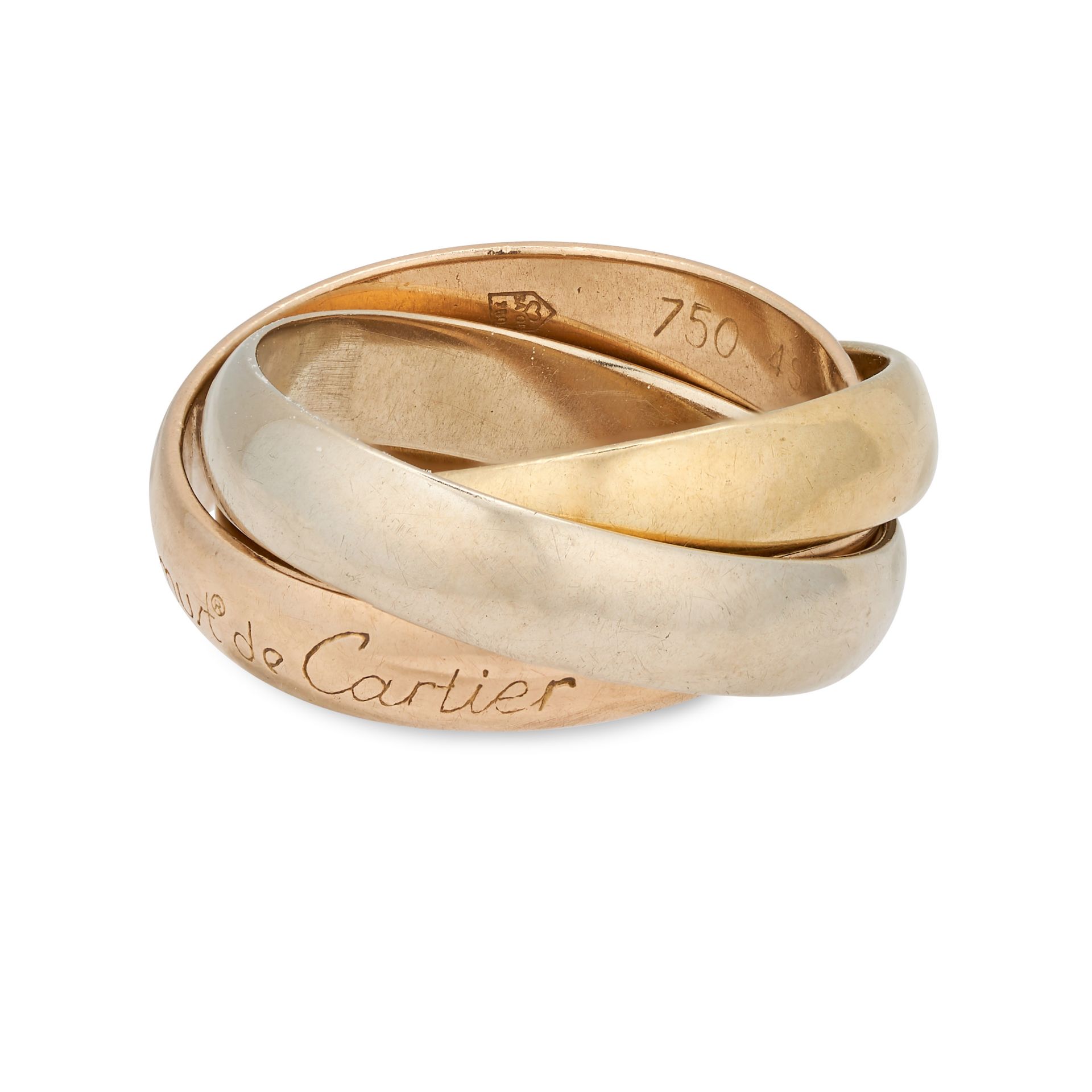 LES MUST DE CARTIER, A TRINITY RING in 18ct yellow, white and rose gold, comprising three interlo...
